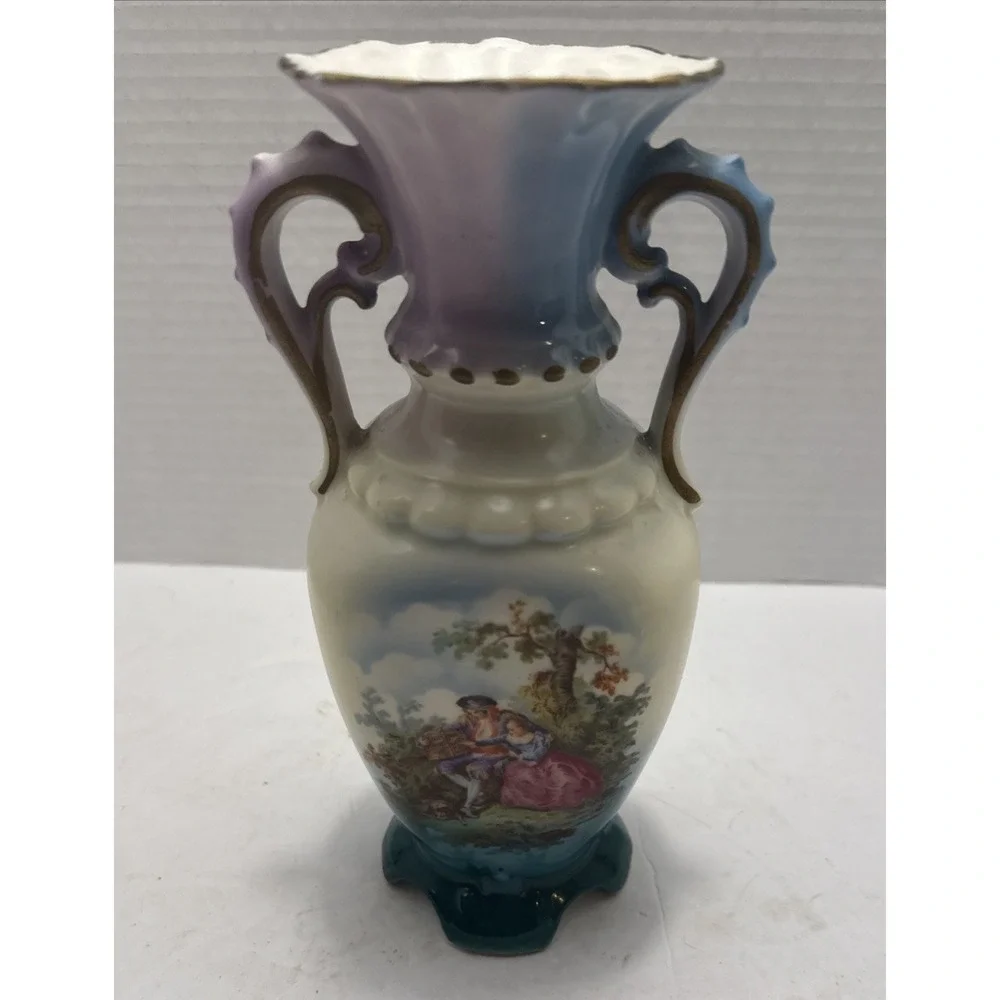 Vtg Czechoslovakian Porcelain Vase W/ Hand-Painted Courting Scene-Double Handles